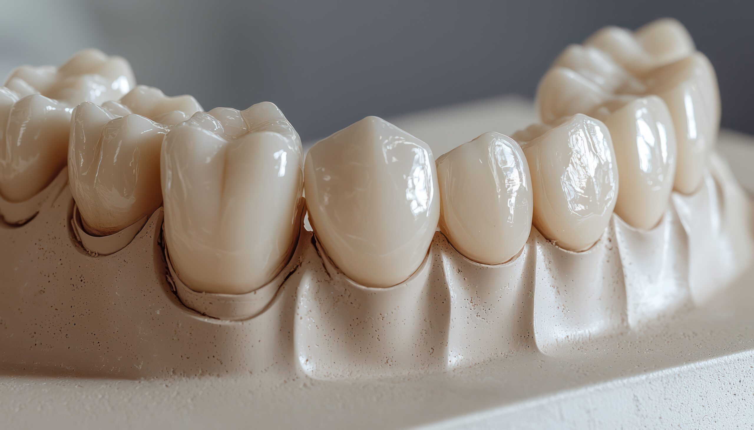A dental showcase of ceramic crowns made from 14 zirconia units, focusing on the precision and aesthetics of modern dental treatments