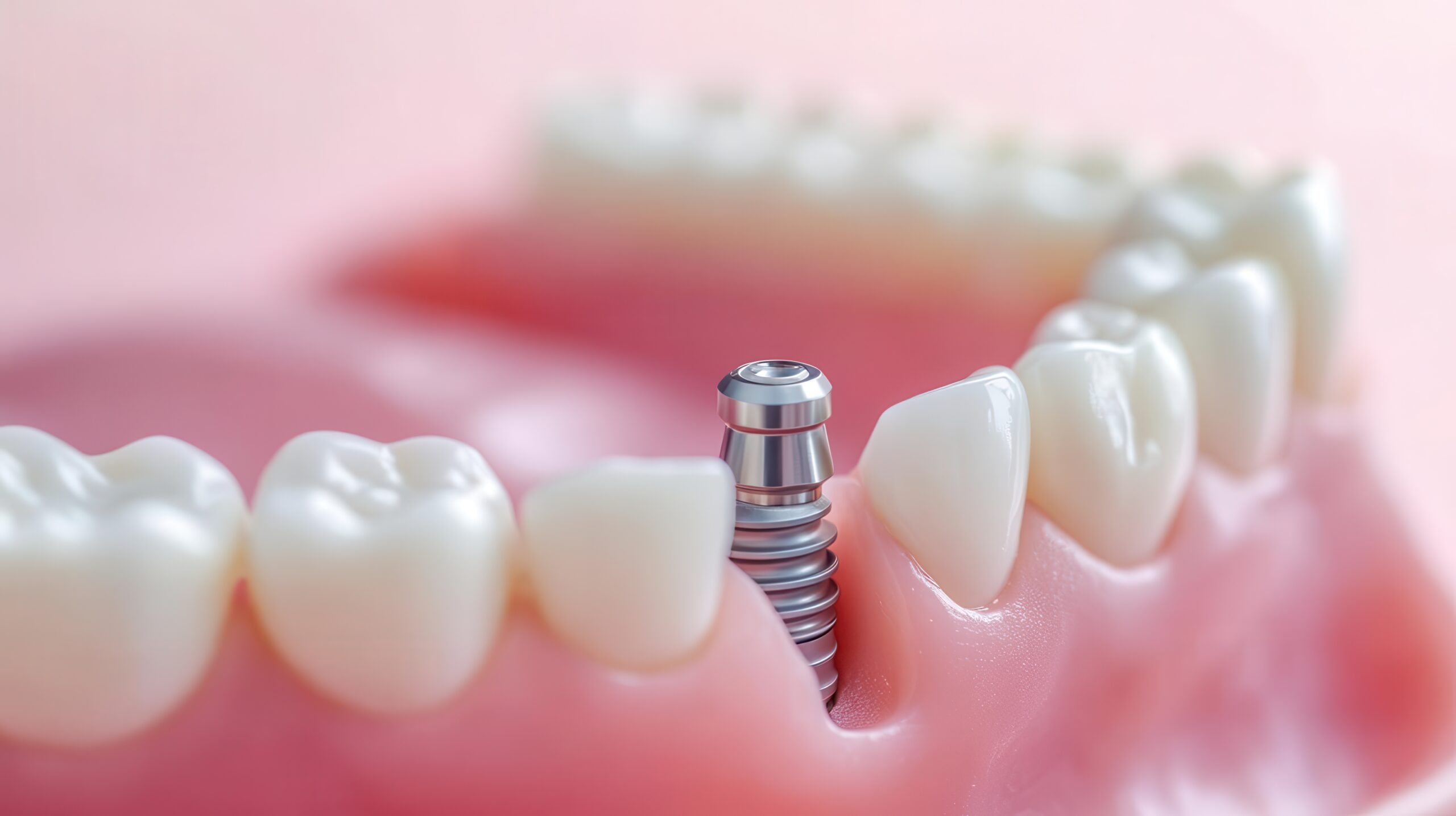 Close-up of dental implant on pink gum, soft pastel background, dental implant, symbol of modern dental care and aesthetics